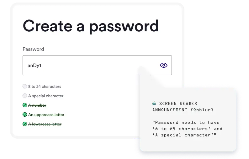 The 'create a password' component is shown with a password that doesn't match all the password rules. The password rules sit below the password field and the rules that have been validated are ticked off. A speech bubble points to the password field, and reads 'screen reader announcement (onblur). Password needs to have 8 to 24 characters and a special character'.