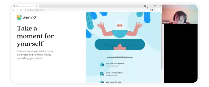 A remote usability session showing the screen the usability participant is currently looking at, and a smaller inset image of the usability participant.