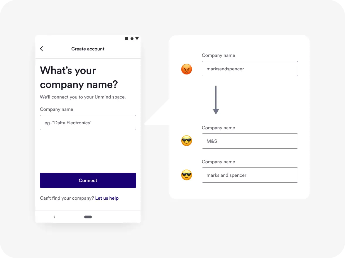 New 'What's your company name?' screen showing the old unique-way to enter a company name ('marksandspencer'), vs the improved new ways ('marks and spencer, or 'M&S' as examples).