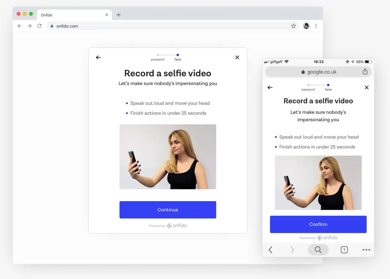Desktop and mobile versions of introduction screen. Advises people that they will need to speak out loud, move their head, and finish within 25 seconds.