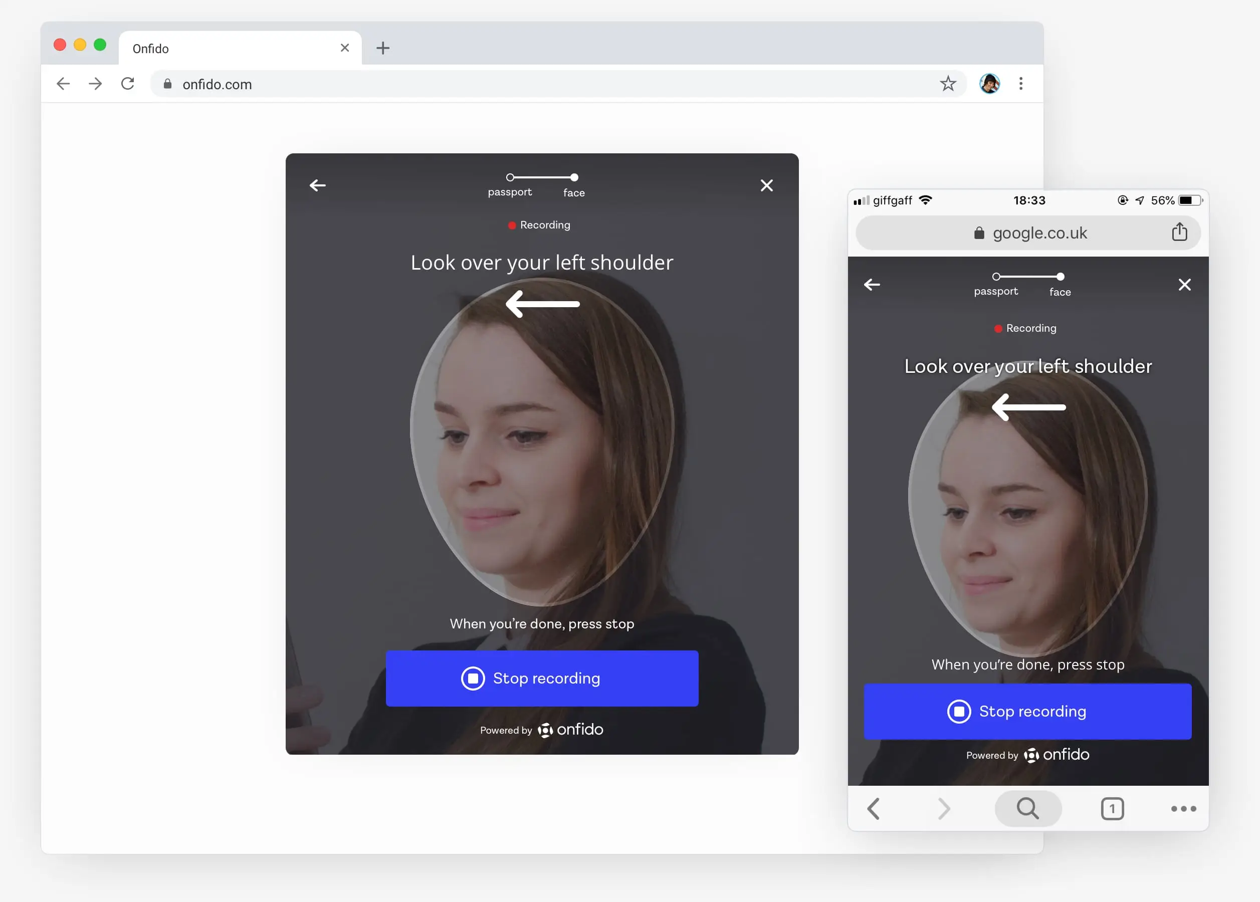 Desktop and mobile versions of turn head challenge screen. Advises people to look over left shoulder.