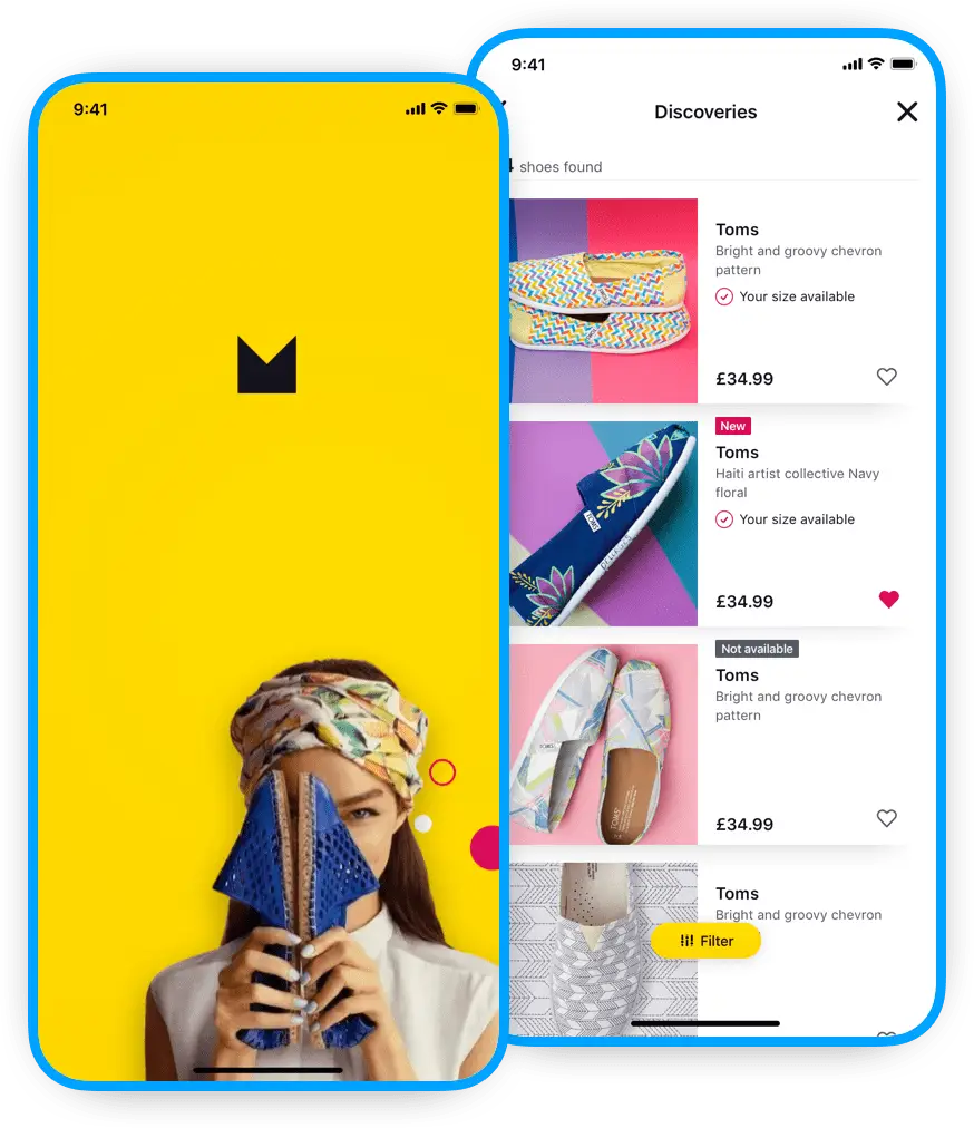 Two Apple phones with Mad on Heels screens