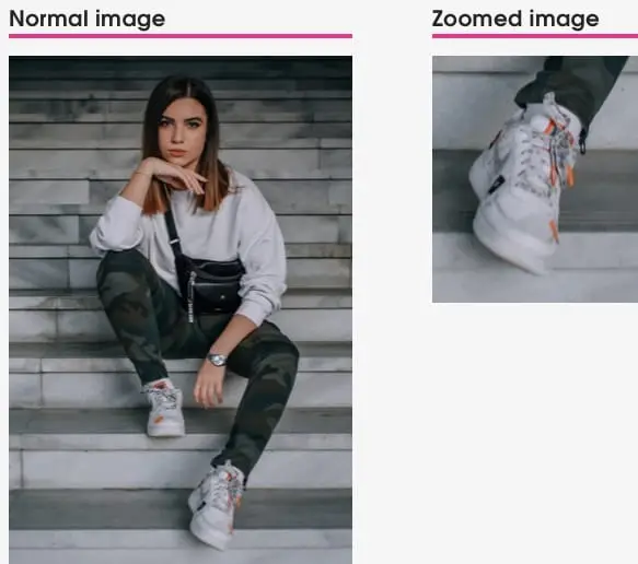 A photo of a female sitting on steps, and the same photo zoomed in tight on one of her shoes.