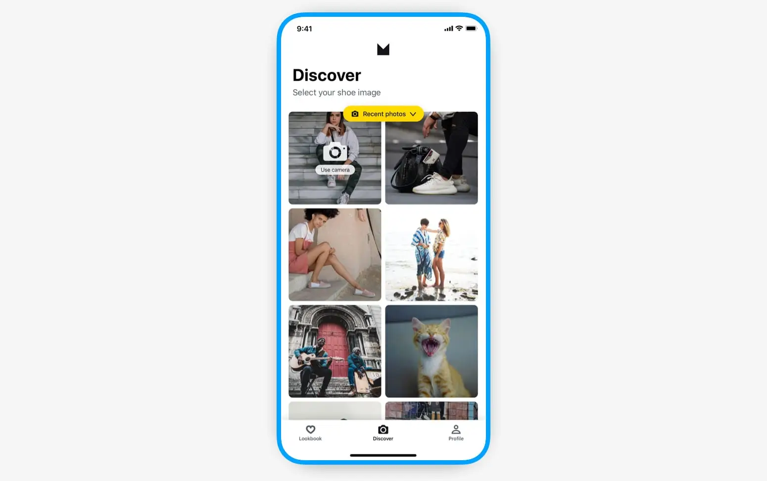 Screenshot shows a recent photos scrollable grid and a floating action button at top so users can select other photos from libraries.