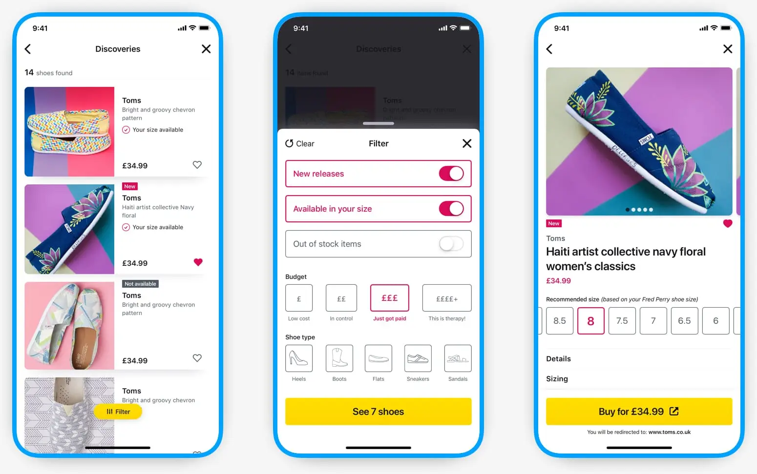 Screenshots showing discovered shoes, filter, and shoe details.