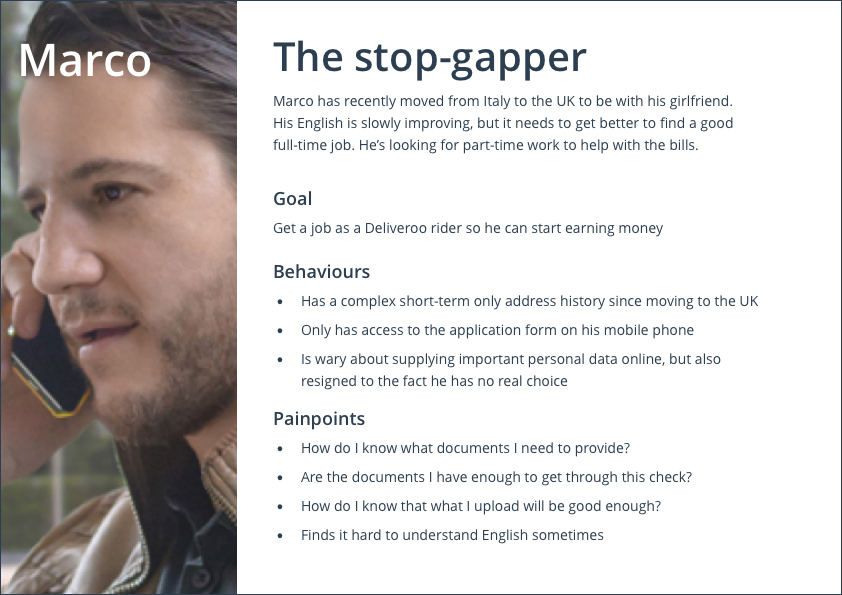 Our primary persona — Marco the stop-gapper. Doing part-time work as a stop-gap measure while looking for a full-time job.