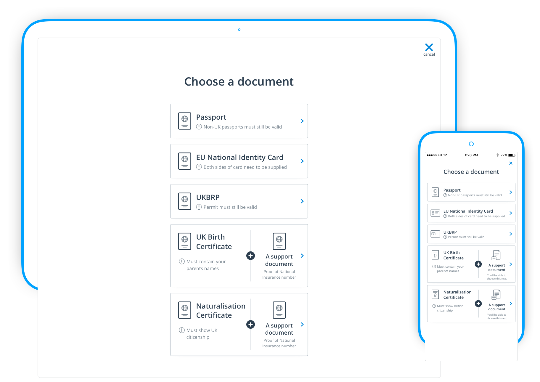 Screens-shots of document selection screens on both desktop and mobile.