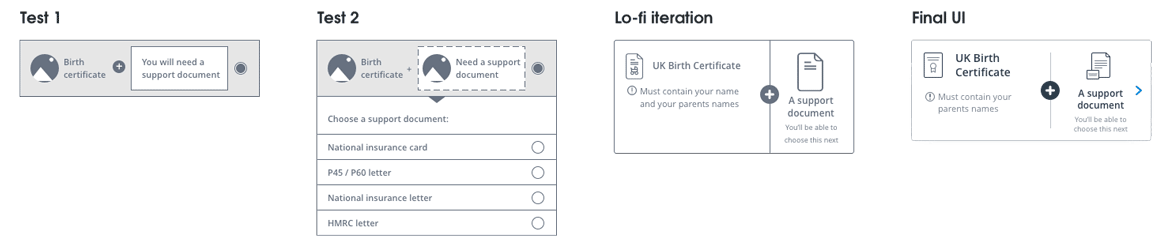 We tested two different support document ideas — 1. A card with the primary document choice and empty support module 2. A card with the primary document and when clicked on the support documents would drop down to choose from. The first option was received best, so we iterated on it to get our final version.